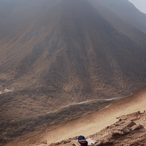 Image similar to man sitting on top peak mountain cliff looking at huge sand tornado