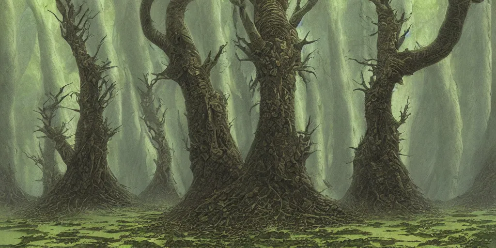 Image similar to artwork by john howe of a forest of grim catalpas