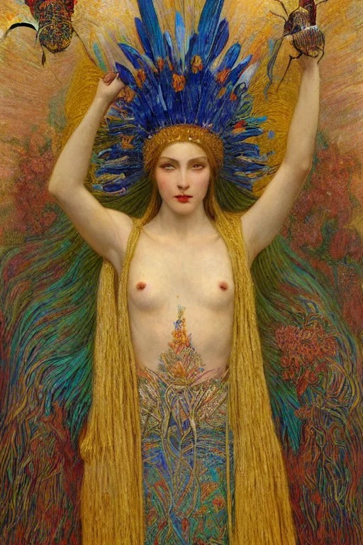 Image similar to queen of spring, by jean delville and Gaston Bussière and Tino Rodriguez and Diego Rivera , elaborate headdress and embroidered velvet, iridescent beetles, rich color, dramatic cinematic lighting, extremely detailed