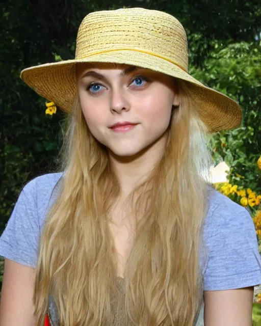 Image similar to annasophia robb with long blond hair, yellow shirt, straw hat, john bauer and bouguereau