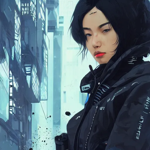 Prompt: very cool girl black hair woman, streetwear, techwear, cyberpunk style outfit, full body, detailed portrait, intricate complexity, by greg rutkowski, james gilleard, atey ghailan, artgerm, ross tran, conrad roset, takato yomamoto, ilya kuvshinov. 4 k, beautiful, cinematic dramatic atmosphere