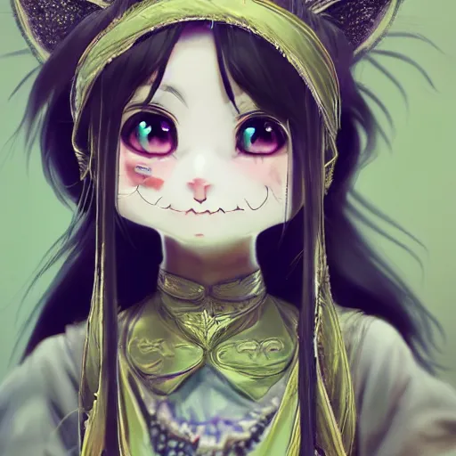 Prompt: ultra - detailed smiling creepy kawaii girl cat for hair wearing high priestess robes in the style of anime and ida outhwaite, fantasy, unreal engine, cinematic, smooth, sharp focus, trending on artstation, ultra realistic, extremely detailed, 8 k