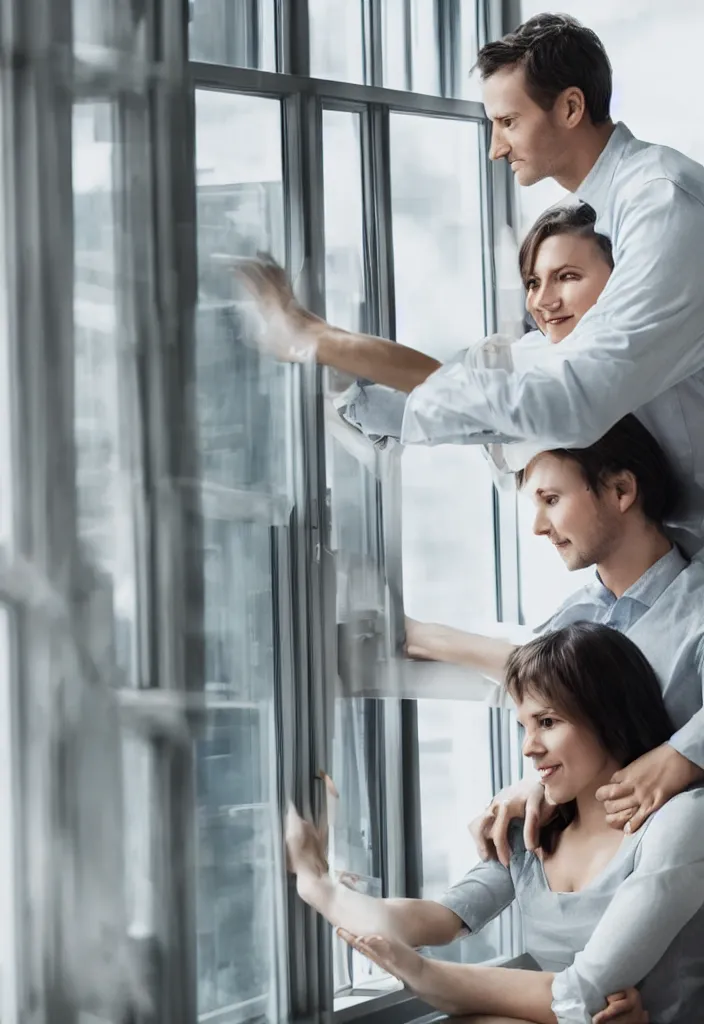 Prompt: wife hugging her husband that is working at his futuritic desk looking at the window with a futuristic city, highly detailed