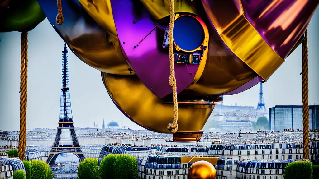 Image similar to large colorful futuristic space age metallic steampunk steam - powered balloons with pipework and electrical wiring around the outside, and people on rope swings underneath, flying high over the beautiful paris city landscape, professional photography, 8 0 mm telephoto lens, realistic, detailed, photorealistic, photojournalism