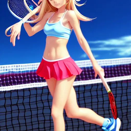 Image similar to a very beautiful young anime tennis girl, full body, long wavy blond hair, sky blue eyes, full round face, short smile, bikini, miniskirt, front view, mid - shot, highly detailed, cinematic wallpaper by stanley artgerm lau