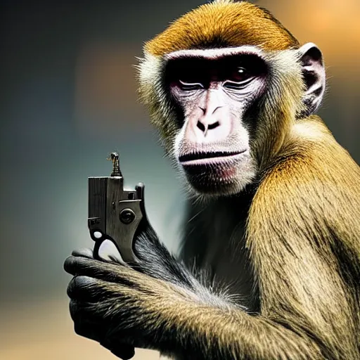 Image similar to a monkey with a revolver in his hands, real life photo, 4 k, cyberpunk, highly detailed, sharp focus - h 8 0 0