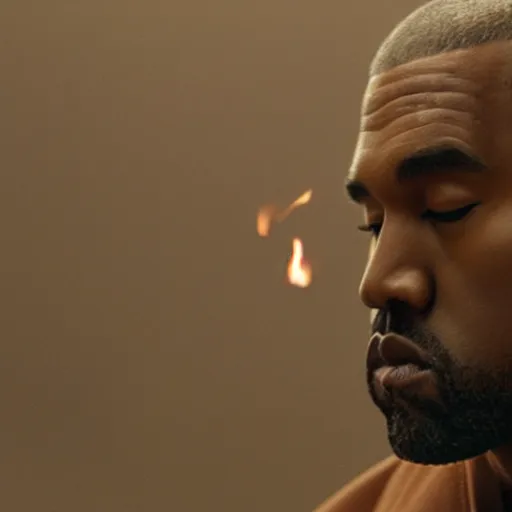 Image similar to cinematic film still of Kanye West starring as a Japanese Sensei with fire, Japanese CGI, VFX, 2003, 40mm lens, shallow depth of field, film photography