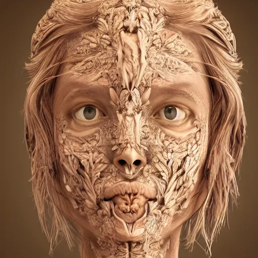 Image similar to beatifull frontal face portrait of a woman, 150 mm, anatomical, flesh, flowers, mandelbrot fractal, facial muscles, veins, arteries, symmetric, intricate, golden ratio, full frame, microscopic, elegant, highly detailed, ornate, ornament, sculpture, elegant , luxury, beautifully lit, ray trace, octane render in the style of peter Gric , alex grey and Romero Ressendi