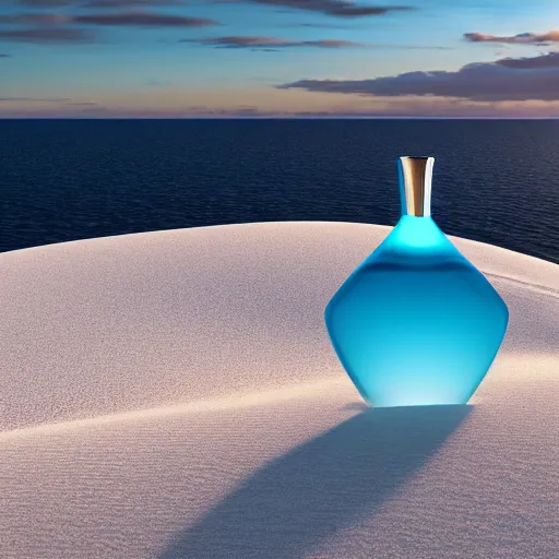 Image similar to perfume bottle buried in mounds of desert white sand on a zen clean modern minimalist beach with an ocean view, frozen and covered in ice, by peter tarka in an ivory room well contoured smooth fair walls, zaha hadid octane highly render, 4 k, ultra hd,