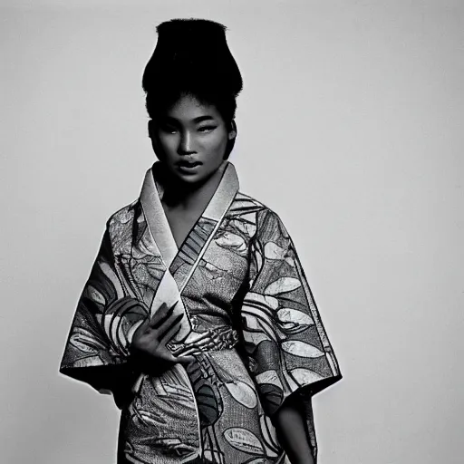 Prompt: beautiful african - asian model, wearing a kimono. zeiss 1 5 0 mm f 2. 8 hasselblad, 1 9 8 0 s