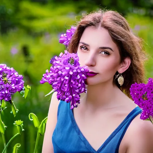 Image similar to a portrait of a romantic woman with flowers grow out of hair, roses peonies forget-me-nots dahlias lupins gladioli, sky theme in background, 35mm Photograph, 4K Resolution