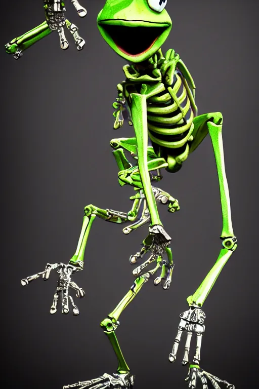 Image similar to movie poster of kermit the terminator, chromatic humanoid skeleton frog skeleton hybrid, robot, ultra realistic, cinematic lighting hd photography,