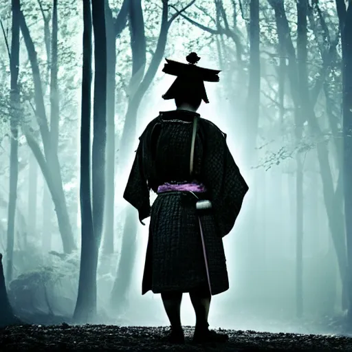 Image similar to a samurai walks alone through the light woods, bright, scenic, lively, cinematic lighting, intricate detail