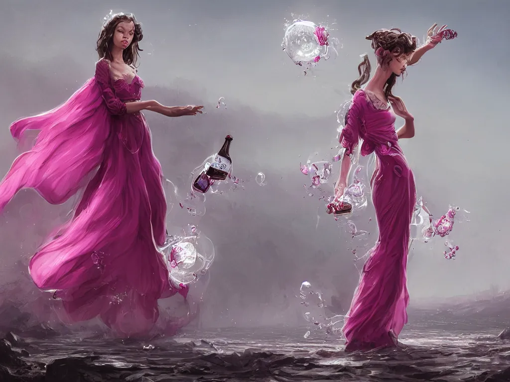 Prompt: a beautiful years old chatain hair woman in a magenta long dress with silver rings and pink nails levitating a bottle'the main ingredient company'filled with ivory white liquid and a black sticker. fantasy, intricate, elegant, highly detailed, digital painting, artstation, concept art, matte, illustration, artger, greg rutkowski, epic fantasy