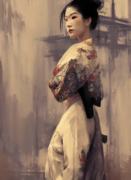 Image similar to female geisha girl, beautiful face, rule of thirds, intricate outfit, by greg rutkowski, by jeremy mann, digital painting