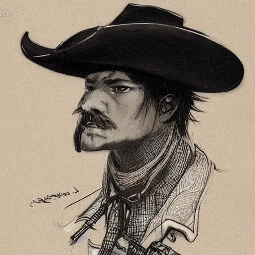 Prompt: late 1 9 th century mexican vaquero, yoshitaka amano concept art