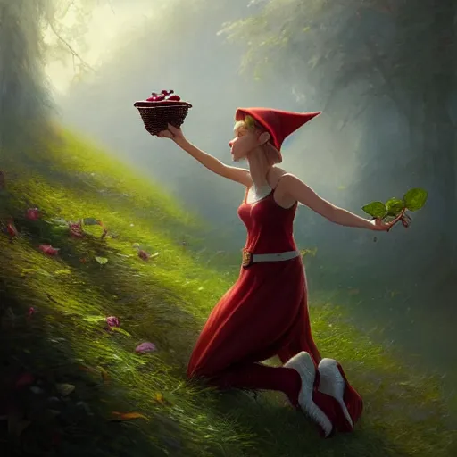 Prompt: the elf princess picking berries, realistic, 8 k, extremely detailed, cgi, trending on artstation, hyper - realistic render, 4 k hd wallpaper, premium prints available, by greg rutkowski