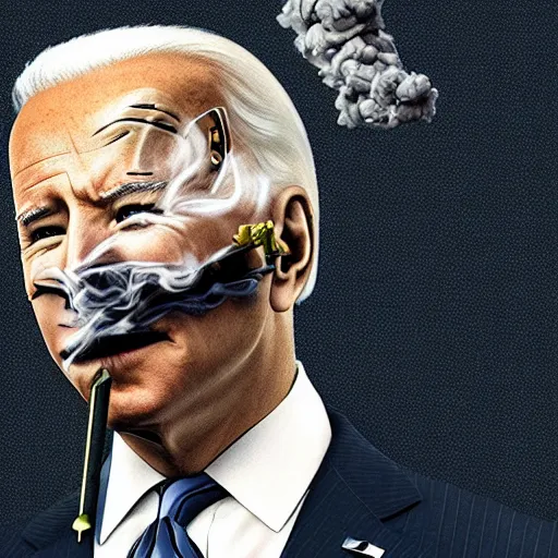 Prompt: A portrait of joe biden smoking a rolled marijuana joint, smoke, 8k, hyper detailed