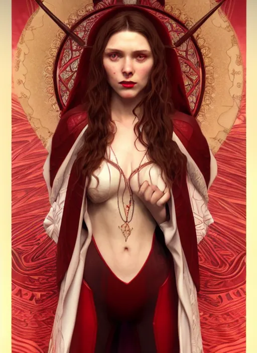 Image similar to Scarlet Witch as Lucifer morningstar Au Naturel, full body, hyper realistic, trending on artstation, art by Alphonse Mucha and J. C. Leyendecker and Edmund Bliar Leighton and Charlie Bowater, unreal engine render, octane render