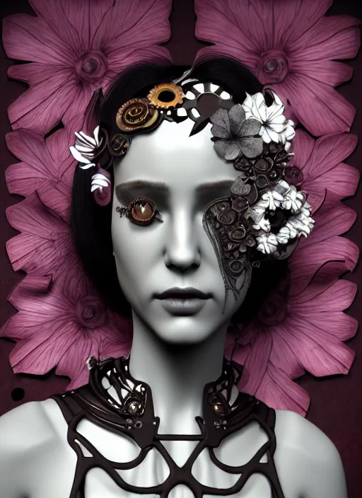 Image similar to monochrome 3 d model, steampunk biomechanical beautiful young female cyborg with porcelain profile face and a big floral eye, volumetric light, leaves foliage and stems, hibiscus flowers, boho floral vines, sinuous fine roots, fine foliage lace, alexander mcqueen, rim light, big gothic fashion pearl embroidered collar, octane render, 8 k