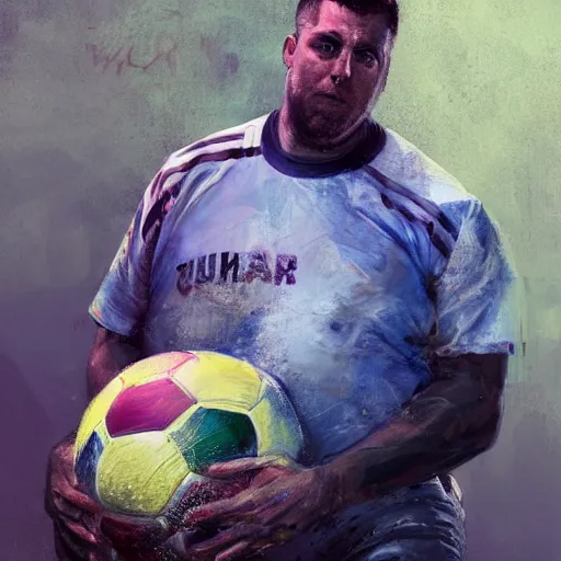 Image similar to A realistic hyperdetailed multi-colored digital oil full body portrait painting of an obese goal keeper on his knees holding a soccer ball up to the sky in the style of Guy Denning, Ruan Jia, and Craig Mullins. Trending on ArtStation and DeviantArt. CGSociety Digital art.