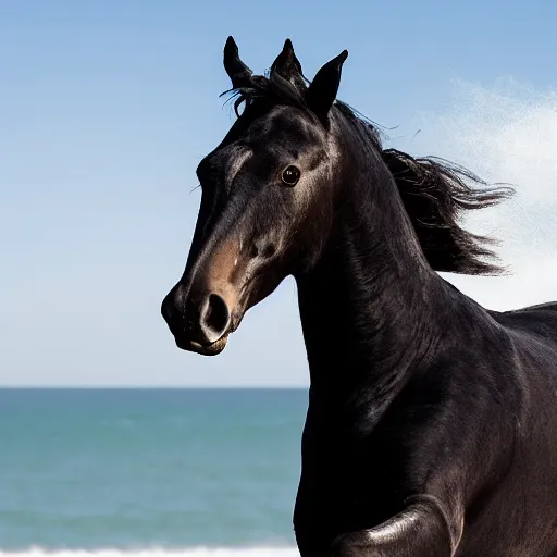 Prompt: an arabian black horse running in front of a sea, wind in its mane, on the beach, the sun is exploding, smoke everywhere