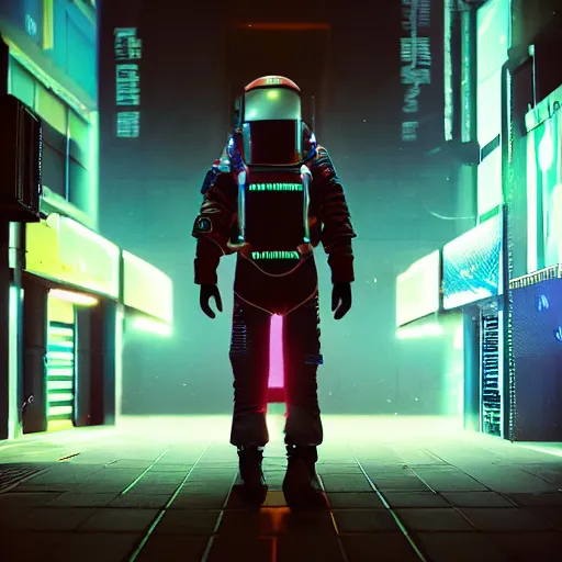 Prompt: cyberpunk astronaut walking alone down a deserted city street, neon lights, octane render, iridescent lighting,