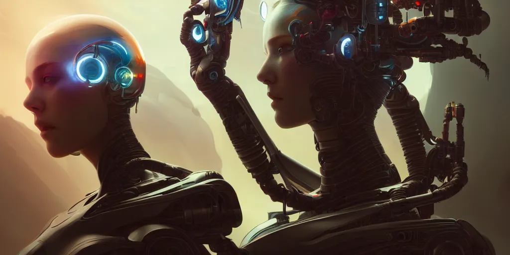 Image similar to ultra detailed, the creation of a female android, sci - fi, eerie, cyborg, cyberpunk, fantasy, triadic color scheme, octane render, matte painting, asymmetrical, intricate concept art, triadic color scheme, art by artgerm and michelangelo and dzo and greg rutkowski and alphonse mucha and wlop