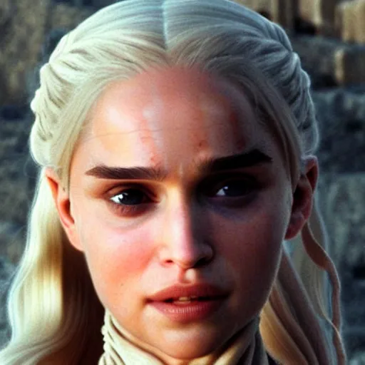 Image similar to a selfie of daenerys targaryen played by a young natalie portman, smooth skin, purple eye color, ethereal beauty, medium shot, detailed eyes, vivid, golden hour