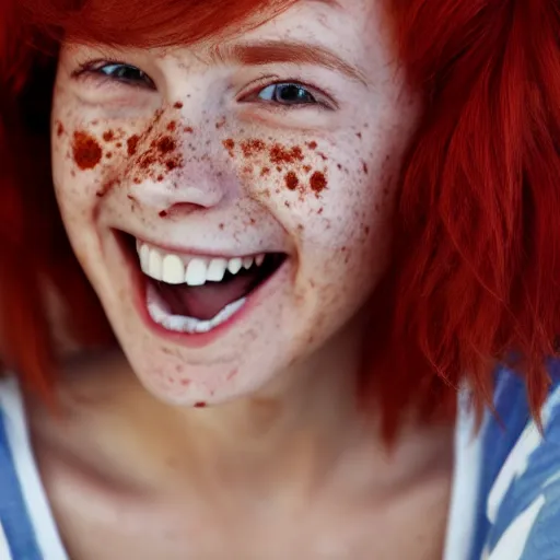 Prompt: a cute red-haired female with freckles, smiling, hyperrealistic