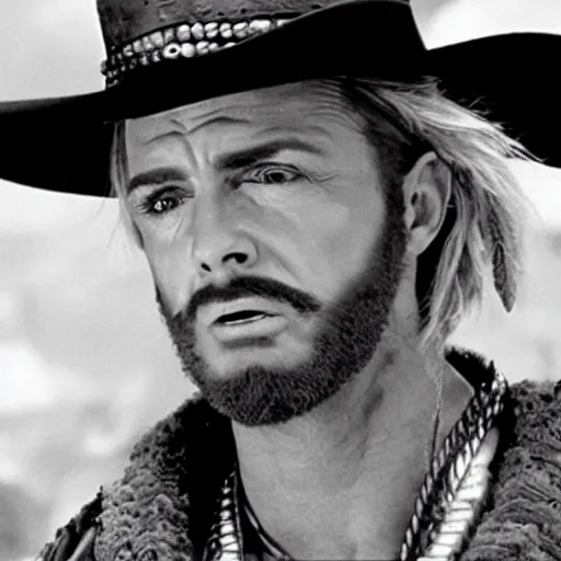 Image similar to a film still of Johnny Joestar from steel ball run in ''The Good, the Bad and the Ugly''(1966)