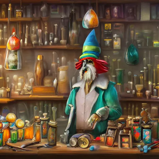 Image similar to Oil painting of Anthropomorphized parrot trader in his shop, shelves full, selling a gem, portrait, items, magic potions, carpet, window, fancy funny hat, sly expression , cunning expression, cute expression, presenting magic gem, D&D, fantasy, cinematic lighting, highly detailed, digital painting, artstation, concept art, smooth, sharp focus, illustration, warm light, cozy warm tint, magic the gathering artwork, volumetric lighting, 8k, no gold, no gold colours, art by Akihiko Yoshida and Greg Rutkowski