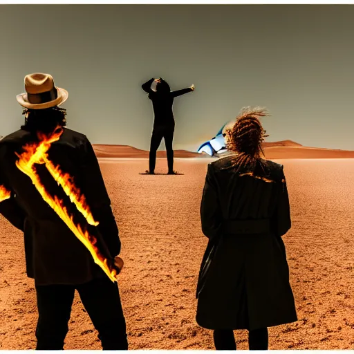 Image similar to photograph of three ravers, two men, one woman in a trenchcoat blessing the earth, seen from behind, talking around a fire, dancefloor kismet, diverse costumes, clean composition, desert transition area, bonfire, night, australian desert, xf iq 4, symmetry, sony a 7 r, 1 5 0 mp, 5 0 mm