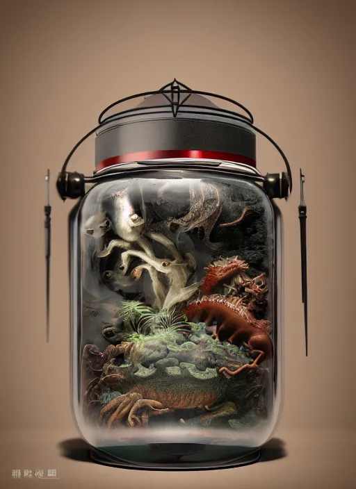 Prompt: enclosed ecosystem of ancient chinese myth lifeforms, animals, creatures, human, monster, delicious, vintage movie camera, in a jar, museum, frostbite 3 engine, portrait, 8 k post - processing, highly detailed