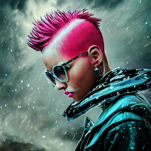 Image similar to splashes of neon clouds, mowhawk, punk women portrait made out of paint with rain in the background, trending on artstation, epic composition, emotional, beautiful, rendered in octane, highly detailed, realistic, comic book art, sharp focus, matte painting, unreal engine
