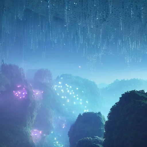 Prompt: falling lights in crystal clusters buoying you into the future the intricate beauty of the rock music fades in the heavens are here, studio ghibli, pascal blanche, 8 k, octane render