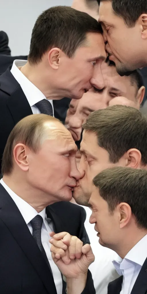 Image similar to Vladimir Putin open mouth kissing Volodymyr Zelenskyy