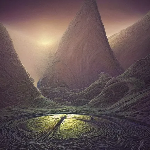 Image similar to artistic digital artwork of an epic scene on an alien planet. beautiful landscape by vincent bons, michael whelan, remedios varo and gerardo dottori. grainy and rough. interesting pastel colour palette. beautiful light. oil and water colour based on high quality render.