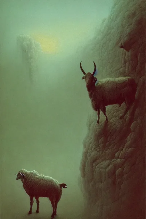 Prompt: painting of hybrid between human andy milonakis and a goat, by zdzislaw beksinski, by tiffany bozic, cold hue's, warm tone gradient background, concept art, beautiful composition, digital painting