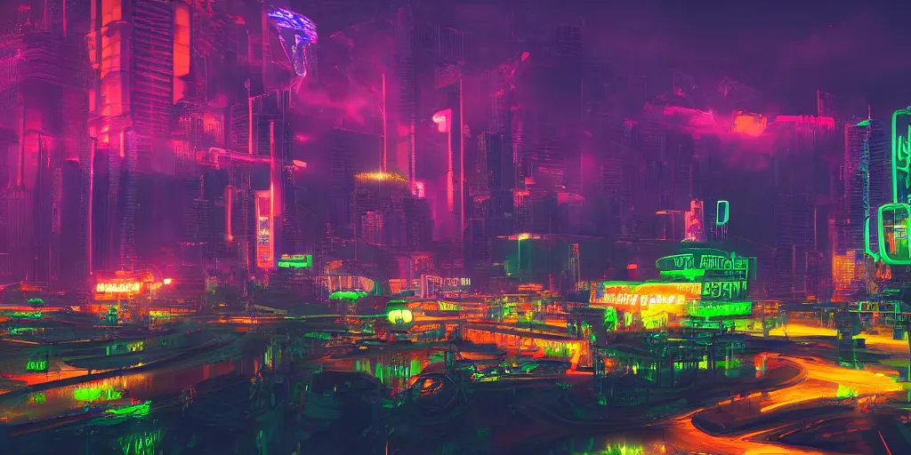 Prompt: Landscape, glowing, neon city, bioluminescent lighting, 4k realism, 8k realism, cinematic, photographic realism