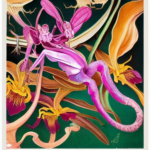 Image similar to majestic colorful orchid mantis enamel by leon bakst and yoshitaka amano, beautiful hyperdetailed art nouveau orchids, james jean, amanda sage