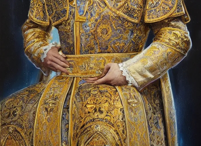 Image similar to kneeling before the pope, royal robe, gold trim, close - up, light effect, hyper detailed, intricate, atmospheric, elegant, photorealistic by paul lehr, marco mazzoni, featured on cgsociety, rococo, whimsical, artstation