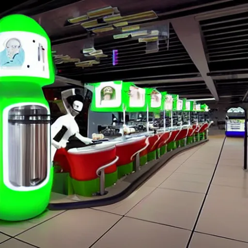 Image similar to futuristic fast food store robots