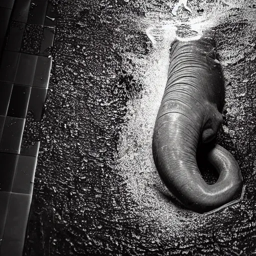 Image similar to dreamlike photo of an elephant trunk coming up the shower drain