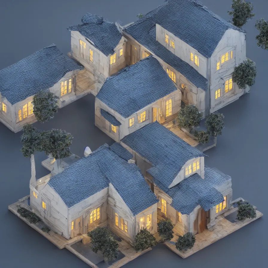 Prompt: architectural model, isometric view, 3 d render, studio lighting, wood and paper, low contrast, dark background, highly detailed, house, courtyard, tree, blue