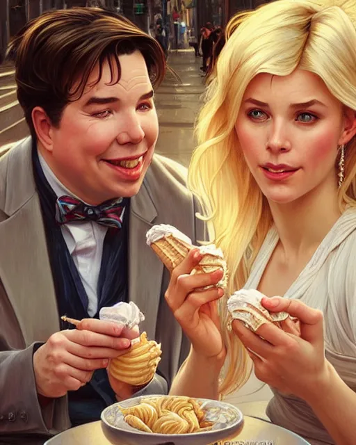 Image similar to Portrait of a blonde lady and Michael mcintyre eating ice creams in Porto,real life skin, intricate, elegant, highly detailed, artstation, concept art, smooth, sharp focus, art by artgerm and greg rutkowski and alphonse mucha