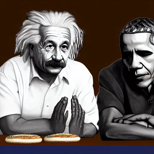 Image similar to Einstein and Obama doing meditation at McDonalds, ultra detailed, photorealistic, dramatic lighting