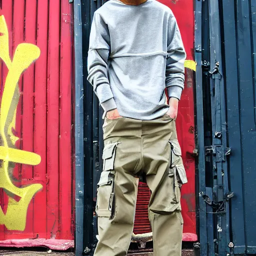 Prompt: cargo pants clothing tagged with graffiti letters