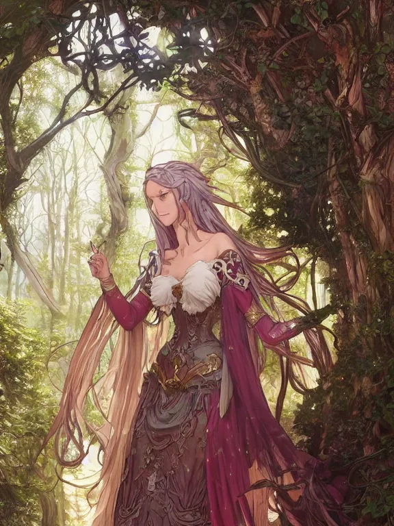 Image similar to anime key visual of amora the enchantress wearing a medieval gown!! intricate, magical forest, stunning, highly detailed, digital painting, artstation, smooth, hard focus, illustration, art by artgerm and greg rutkowski and alphonse mucha