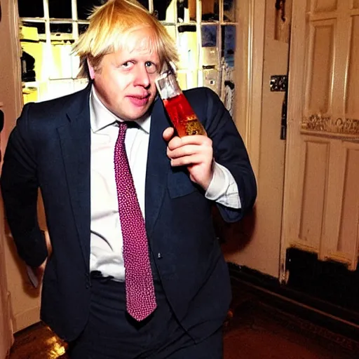 Image similar to boris Johnson all night party, hyper realistic, paparazzi photo, booze, drugs, party, late night,